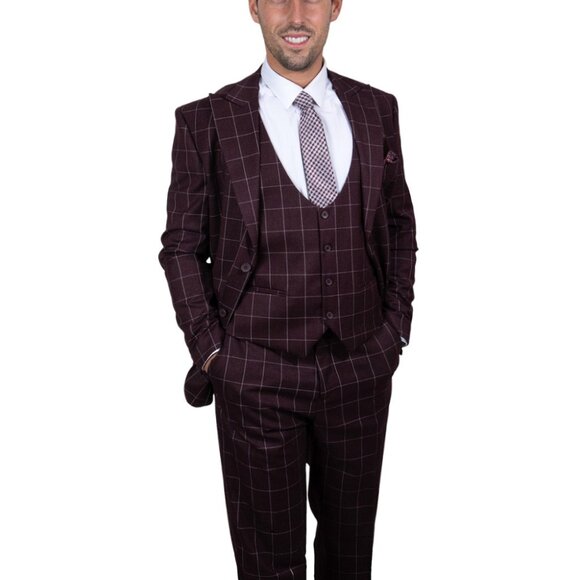 Burgundy Windowpane 3 piece Stacy Adams Men's suit - Picture 1 of 4